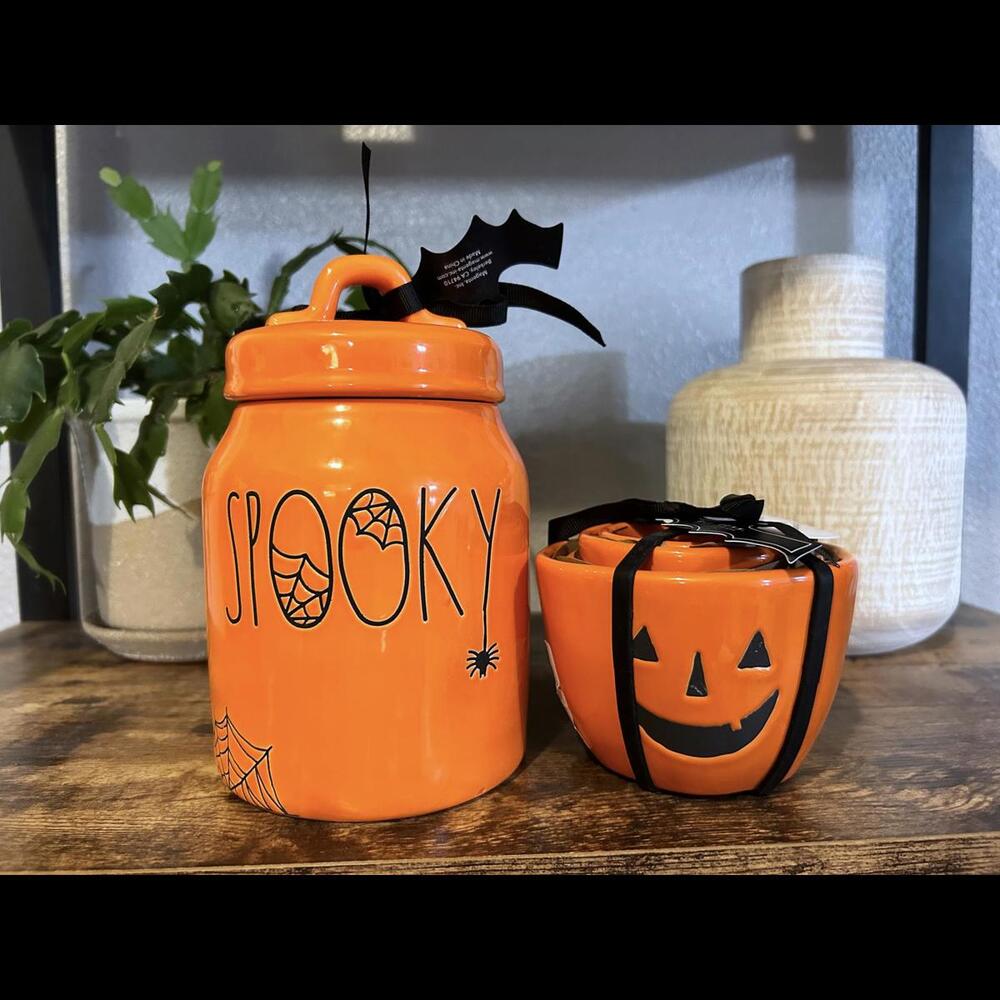 Rae Dunn Spooky Canister and Matching Jack-o’-lantern Measuring Cup Set - Picture 1 of 3